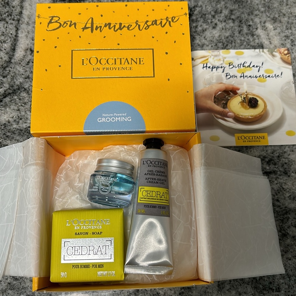 3-pc L'Occitane Bon Anniversaire Birthday GROOMING gel soap aftershave cream set